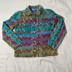 Chico's COOL SZ 1  (6-8) Multicolor Patterned Jean Jacket - Teal, Purple, Green